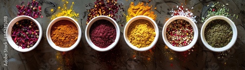 Top view of Qatari seasonings in cups, set on a spicecovered table, showcasing their distinct and colorful appearance