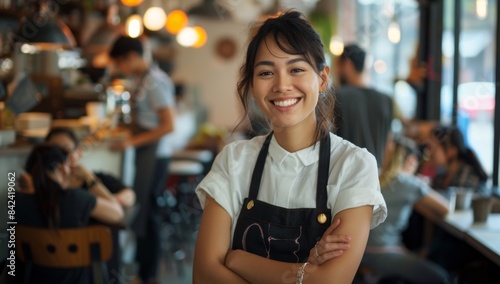 Happy woman restaurant owner standing in front of her cafe with arms crossed, smiling at the camera while customers sitting in the background, female business entrepreneur wearing an apron