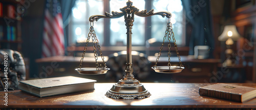 Scales of justice and legal documents on a wooden desk