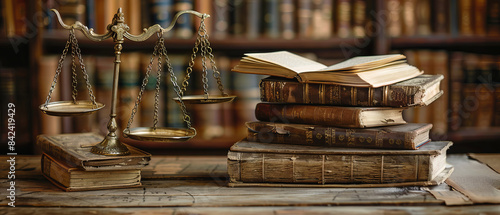 Scales of justice on a judges desk with legal books