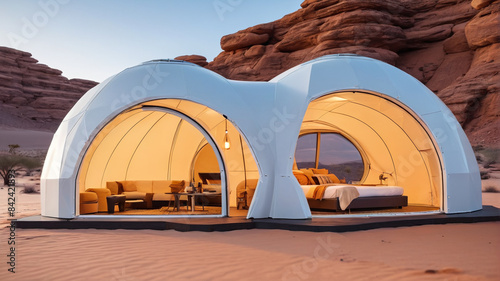 Mirage Retreat: Futuristic Igloo Tents Providing Premium Desert Accommodations for Discerning Travelers, Generative AI