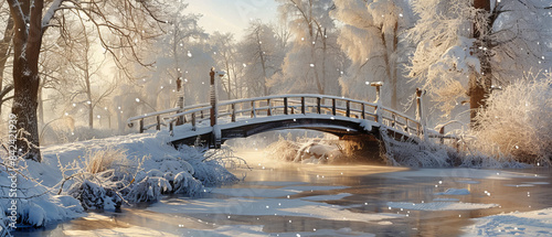 Snowcovered bridge over a frozen river