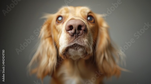 A detailed view of an English cocker spaniels face, showcasing its striking blue eyes