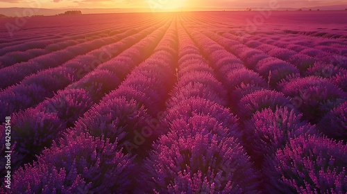 Beautiful aerial view of a lavender field in full bloom at sunset