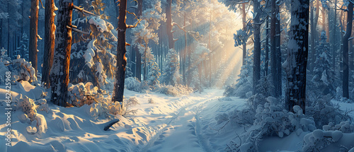 Snowy forest with tall trees and a clear path through the snow