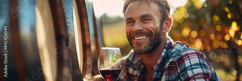 Portrait of a winemaker in a vineyard with barrels and grapes in the background, perfect for articles, blog posts, and advertisements related to winemaking, agriculture, and countryside lifestyle