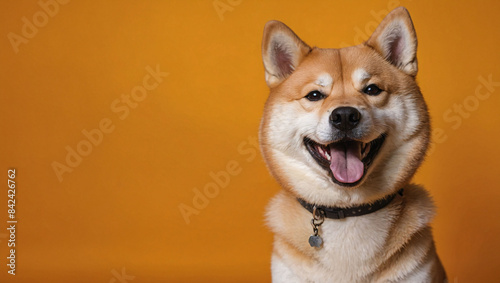 Happy smiling shiba inu dog isolated on yellow orange background with copy space. Red-haired Japanese dog smile portrait 