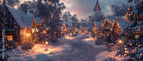 Snowy village street with decorated houses and streetlights