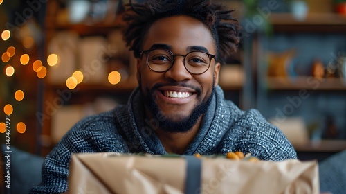 A man opening a subscription box filled with snacks, showing a wide smile and an enthusiastic reaction