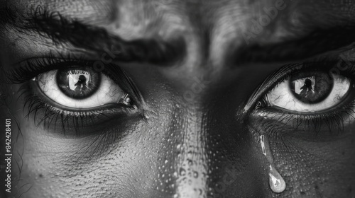 Black and White Close-up Portrait of Emotional Eyes with a Tear