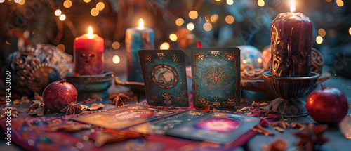 Tarot card reading setup with candles and mystical items