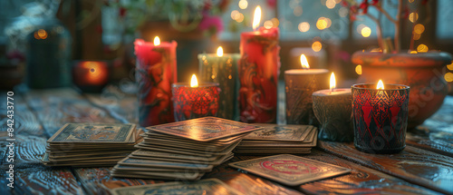 Tarot cards and candles arranged in a mystic atmosphere