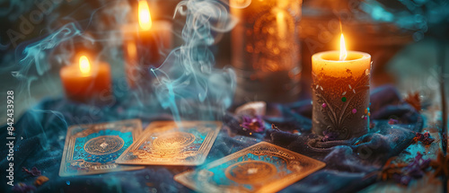 Tarot cards and candles on a velvet cloth with burning incense