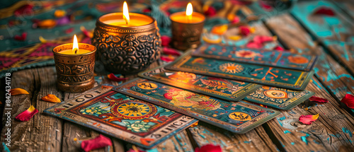 Tarot cards and candles on a wooden surface with glowing symbols