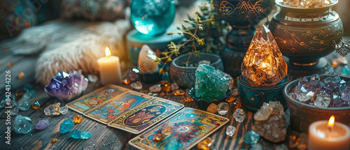 Tarot cards and crystals arranged in a mystic scene