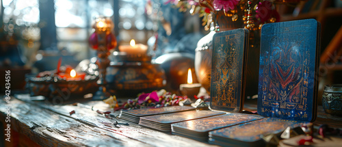 Tarot cards and mystical items on a wooden table