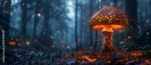 The dark forest illuminated by a single vibrant bioluminescent mushroom standing tall