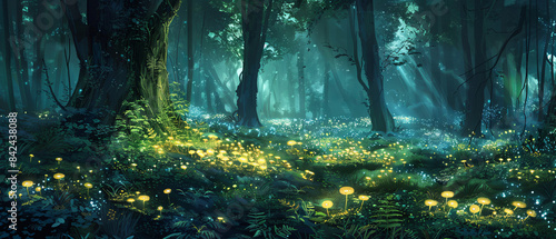 The dense, dark forest illuminated by a vibrant glowing bioluminescent mushroom