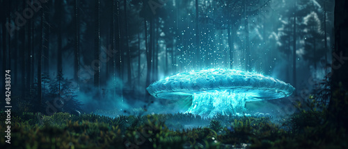The mysterious glow of a bioluminescent mushroom in a dense dark forest