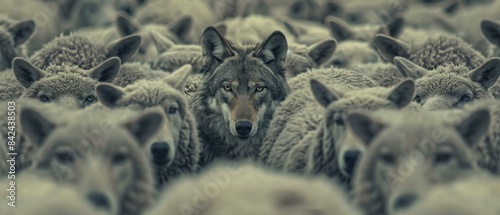 A lone wolf stands out in a crowd of sheep. AI.