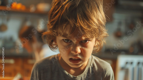 A young boy with a frustrated expression, looking directly at the camera. His face is contorted in anger. The image captures a moment of childhood frustration.