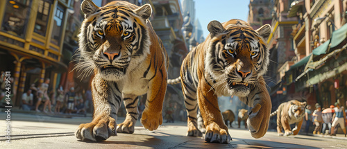 Tigers strolling along a city street with tall buildings in the background