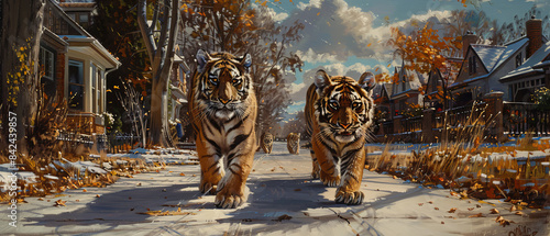 Tigers walking along a quiet suburban street with houses