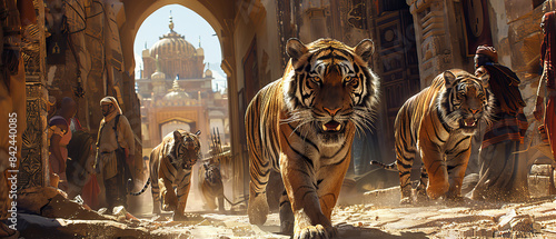 Tigers wandering through a narrow alley in an ancient city