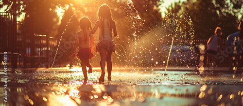 summer water activity kids playing on splash pad playground city park
