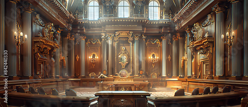 Traditional courtroom with ornate decorations and woodwork
