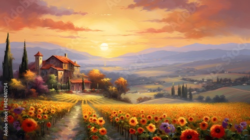 Sunflower field in Tuscany, Italy at sunset. Digital painting.