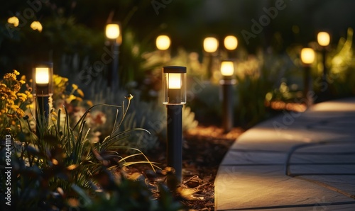 solar LED bollard lights in night garden
