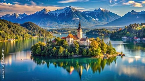 A picturesque view of Lake Bled with the iconic Bled Island and its church, surrounded by the Julian Alps in Slovenia, lake bled, slovenia, bled island, bled church, julien alps, mountains
