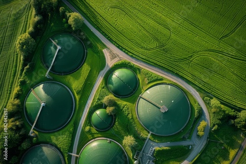 Aerial view of green biogas plant storage tanks in green fields