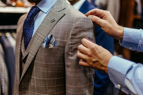 A tailor fitting a bespoke suit jacket on a client adjusting the fit and taking arm length measurements