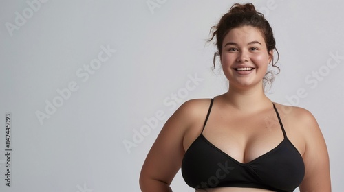 Portrait of cute beautiful brunette woman with curvy shapes in comfortable black underwear on a white plain background. Concept of body positive, acceptance and natural. Banner with copy space