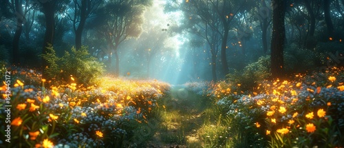 A mystical forest scene with glowing plants and ethereal flowers.