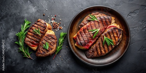 A plate of perfectly grilled steaks, sizzling and juicy, rests on a dark background with ample copy space, viewed from directly above, grilled steak, beef steak, steak dinner, barbecue