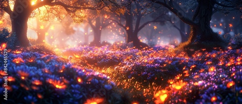 A mystical forest scene with glowing plants and ethereal flowers.