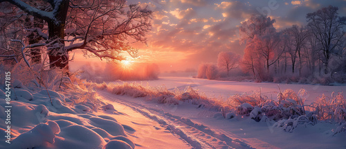 Winter sunrise over a snowy field