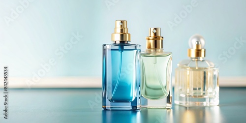 Elegant Perfume Bottles on Blue Background with Copy Space