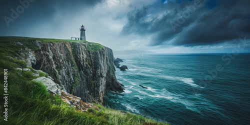 Lighthouse on rocky cliff above stormy sea under cloudy sky