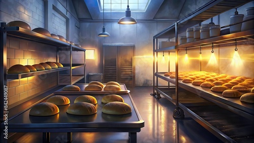 Professional bakery kitchen producing fresh bread buns for sale , bakery, kitchen, bread, buns, production, professional, baking, fresh, sale, commercial, oven, mixer, dough, recipe