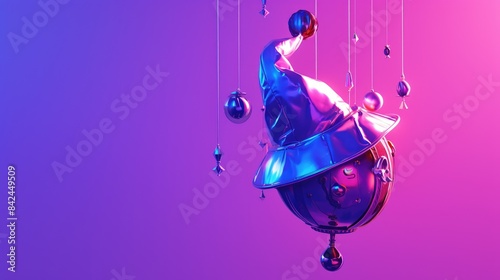 A cartoon render of a silver jester s hat suspended against a vibrant purple backdrop