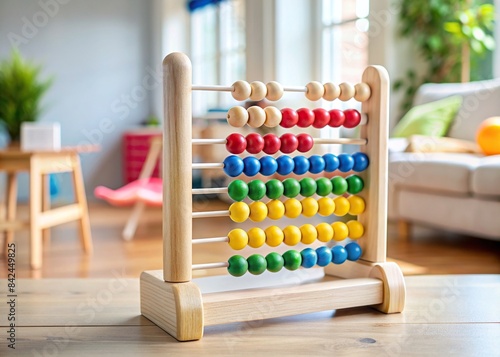 Wooden abacus with colorful balls in children's room , education, learning, counting, mathematics, toys, playroom, classroom, wooden, colorful, preschool, development, counting beads