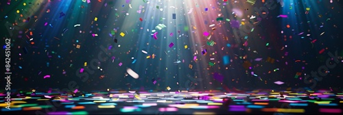 Colorful confetti falls with beautiful bokeh lights, creating a perfect atmosphere for party and celebration visuals