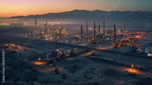 Twilight at an industrial park, where futuristic factories starkly contrast a rugged desert landscape.