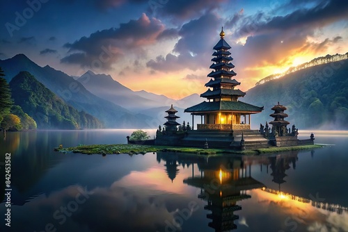 Scenic view of Ulun Danu Batur temple overlooking a tranquil lake in Bali, Indonesia, Bali, Indonesia, Ulun Danu Batur temple, temple, lake, water, reflection, landscape, nature, beautiful