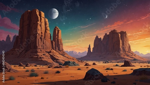 Space desert with rocky formations and colorful sky for adventure game backgrounds. 2d style