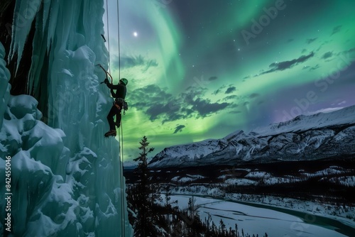 Ice climbing under aurora